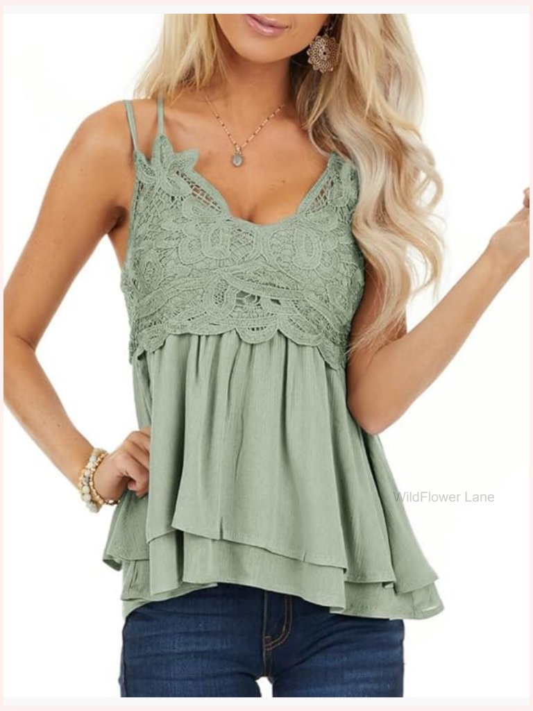 Lace Tank Top Spaghetti Strap Cami Sleeveless Summer Top Womens V-Neck Chiffon